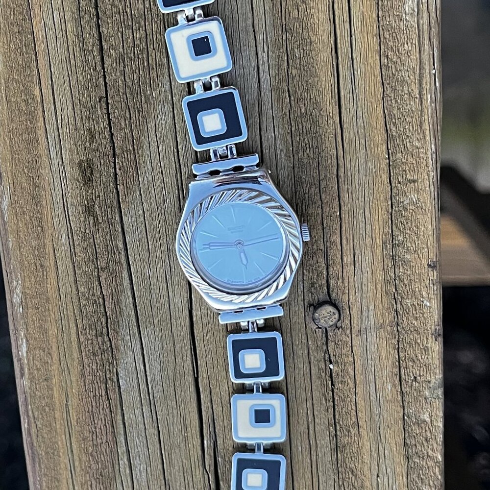 Swatch Stainless Steel Irony Watch with Black and Cream Square Link Band